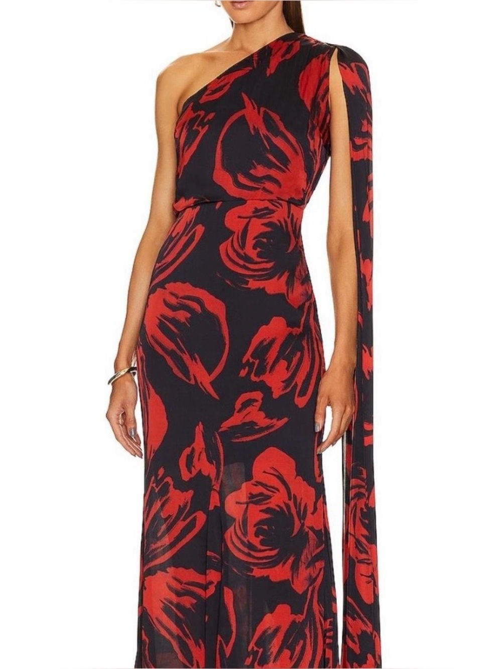 One-Shoulder Red Floral Evening Dress